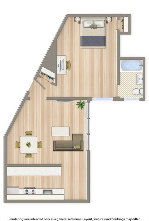 one bedroom apartment floor plan rendering at the klingle apartments in washington dc